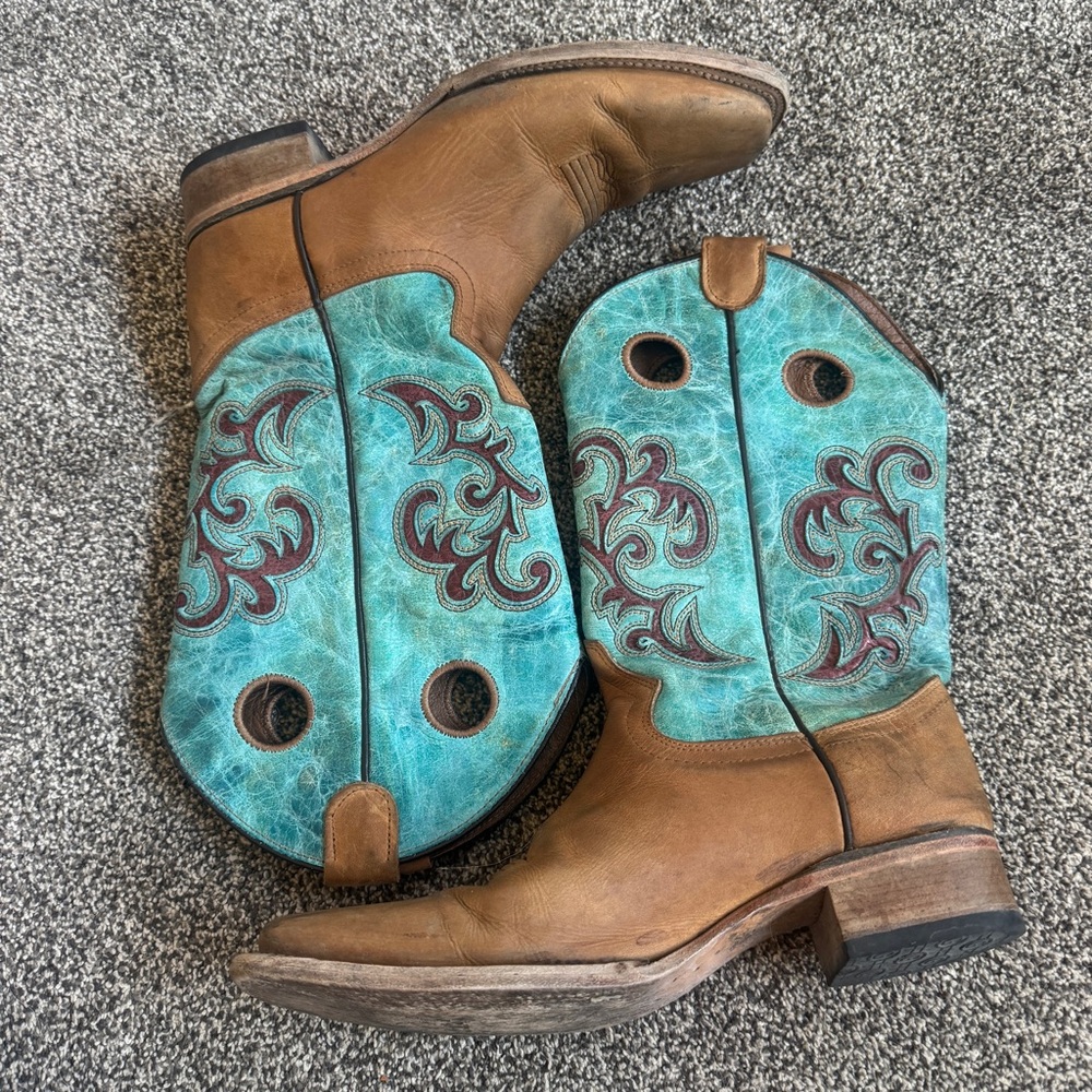 Circle G Women's Honey/ Turquoise Inlay Embroidery Square Toe Boots Size 10 - Picture 7 of 10